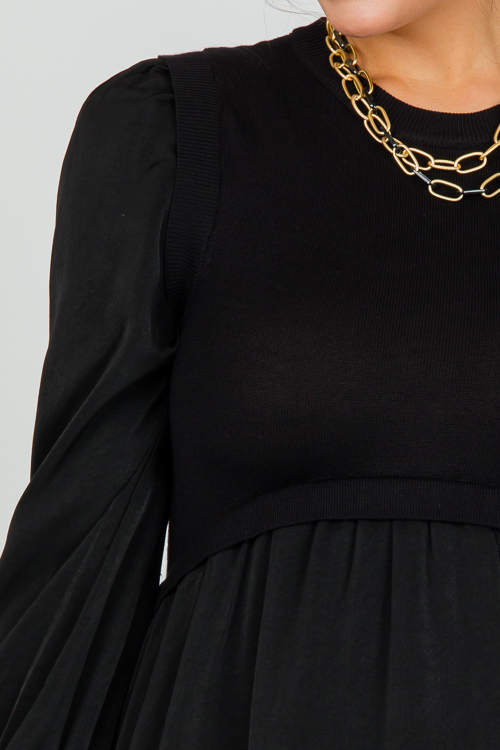 Knit Bodice Satin Dress, Black