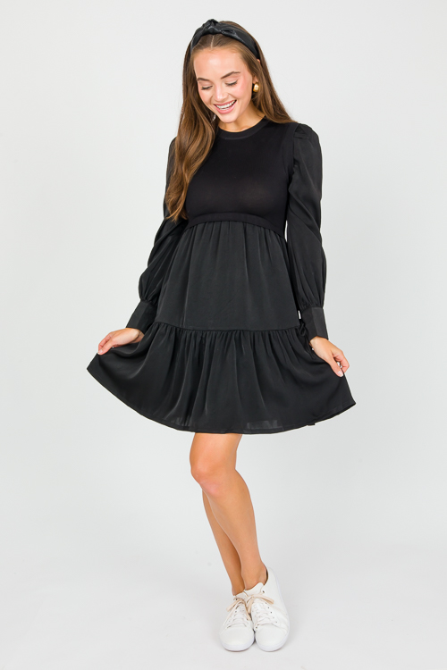 Knit Bodice Satin Dress, Black