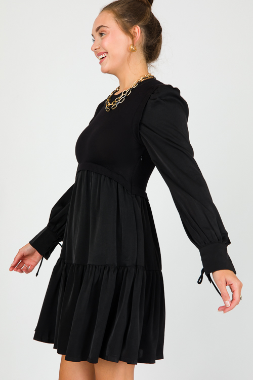Knit Bodice Satin Dress, Black