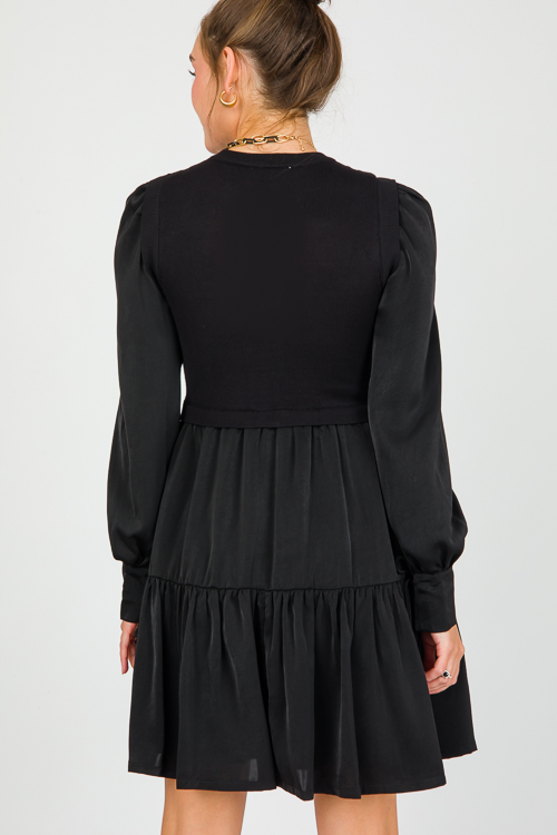Knit Bodice Satin Dress, Black