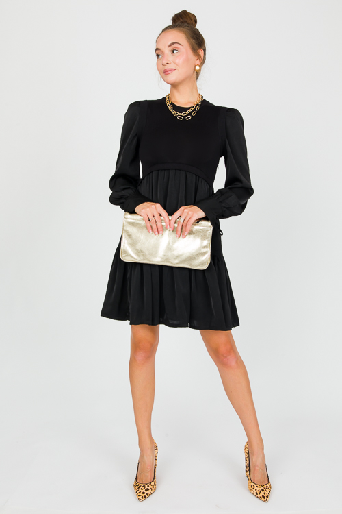 Knit Bodice Satin Dress, Black