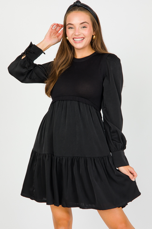 Knit Bodice Satin Dress, Black