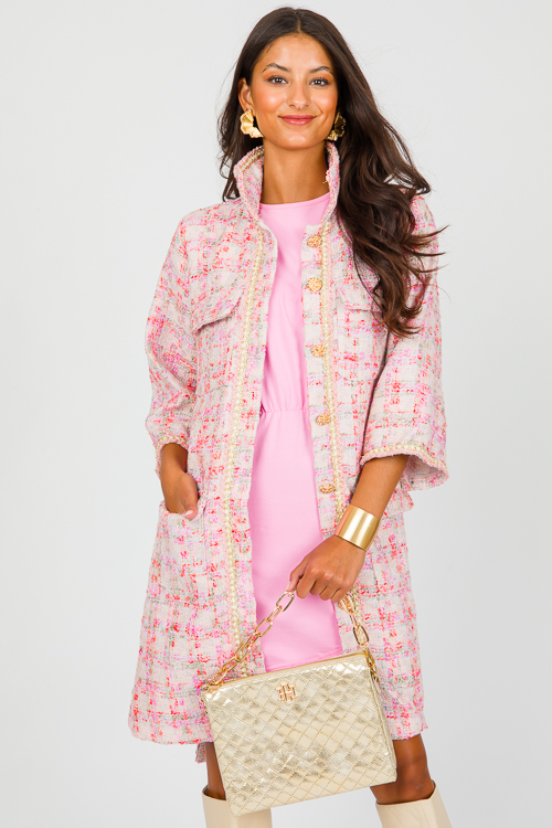 Tweed Belted Shirt Dress, Pink