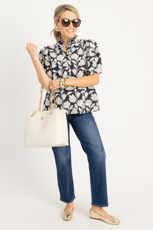 Embroidered Blooms Top, Navy