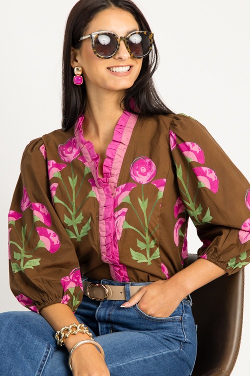 Ruffle Trim Bloom Top, Brown Mix