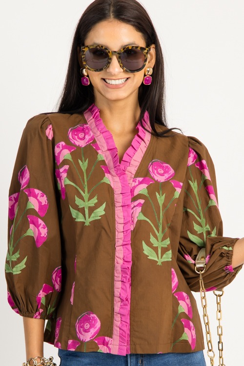 Ruffle Trim Bloom Top, Brown Mix - 0910-181h.jpg