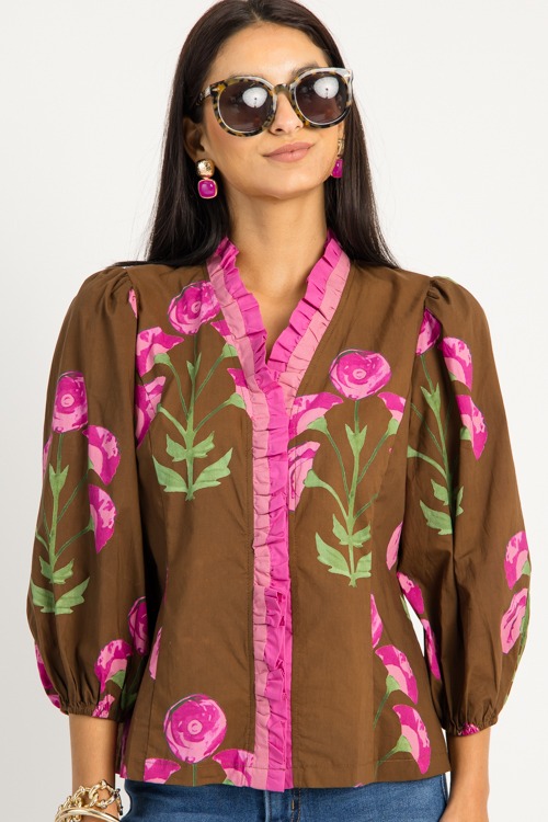 Ruffle Trim Bloom Top, Brown Mix - 0910-183.jpg