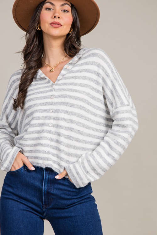 Gina Stripe Cardigan, Ivory/H. Grey