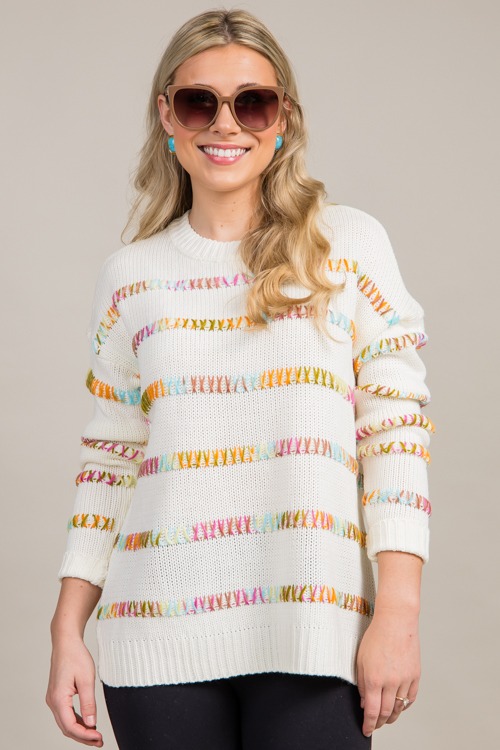 Multi Stitch Stripe Sweater, White