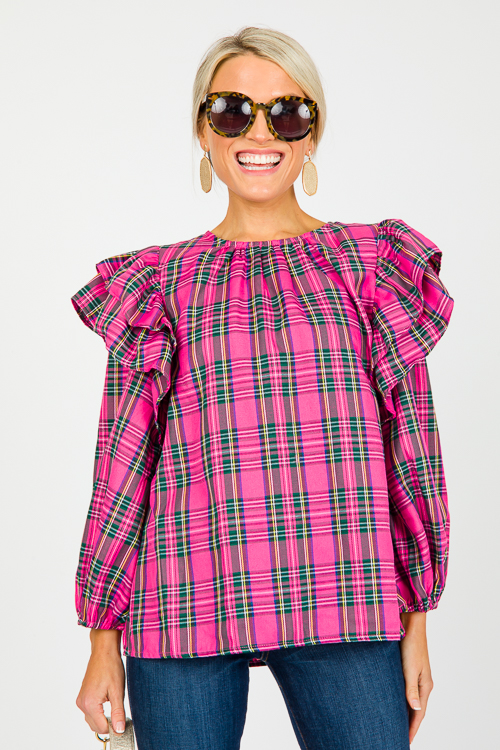Ruffle Shoulder Tartan Top, Pink