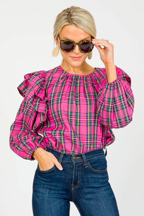 Ruffle Shoulder Tartan Top, Pink