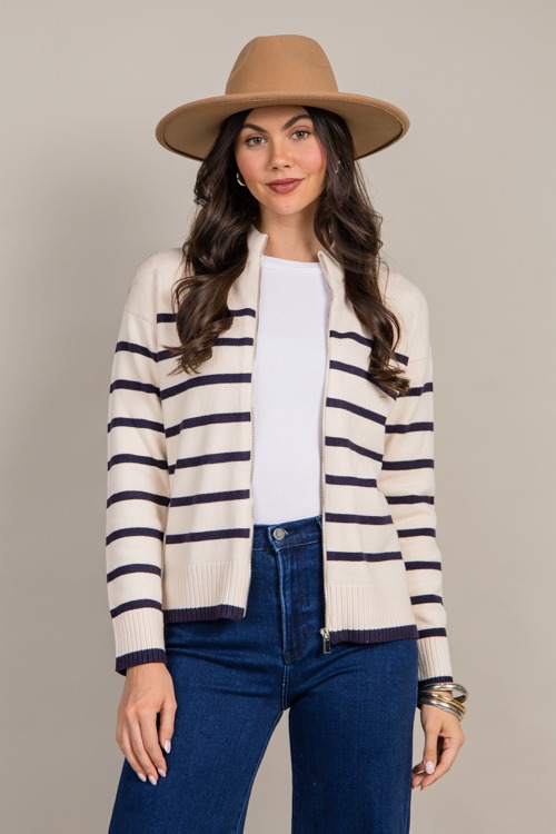 Stripe Zip Sweater Jacket, Ivory