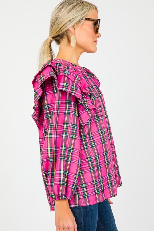 Ruffle Shoulder Tartan Top, Pink