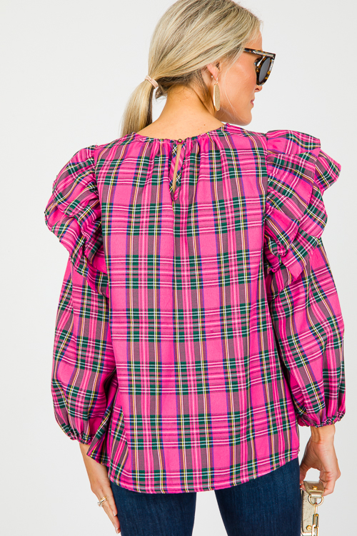 Ruffle Shoulder Tartan Top, Pink