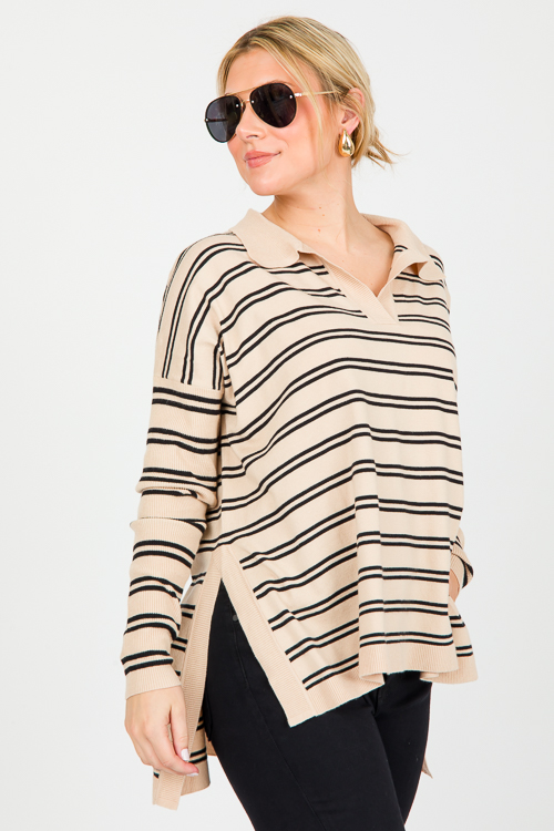 Judith Stripe Sweater, Taupe/Black
