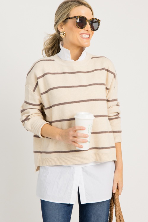 Jess Striped Sweater, Oat/Mocha