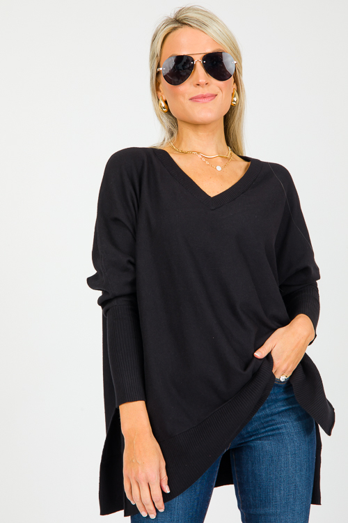 V-Neck Tunic Sweater, Black