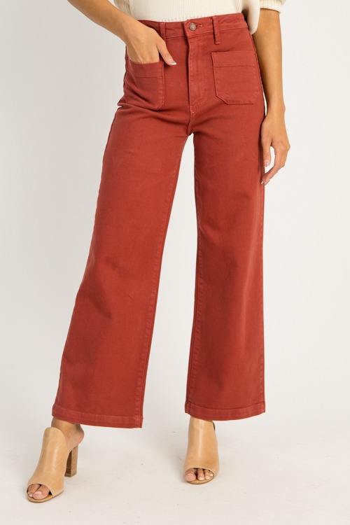 Patch Pocket Wide Leg Jeans, Burgundy