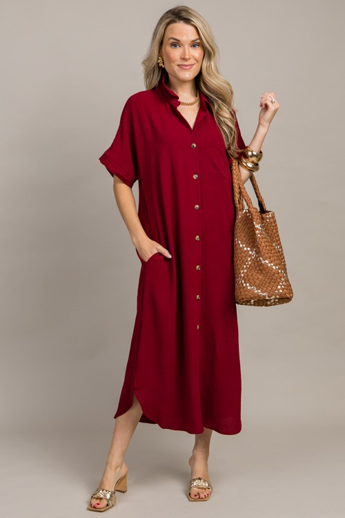 Shirt Dress Midi, Burgundy