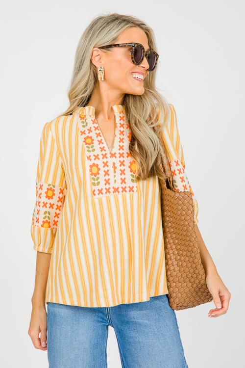 Stripe Floral Mix Knit Top, Mustard