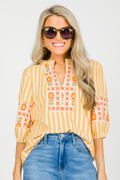 Stripe Floral Mix Knit Top, Mustard