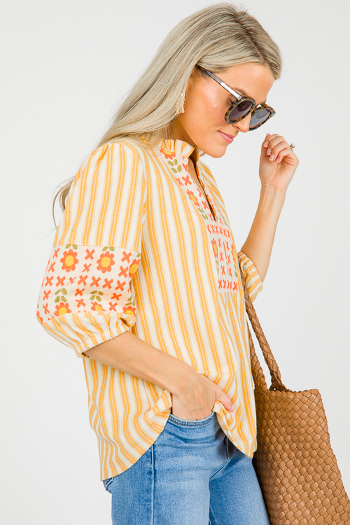 Stripe Floral Mix Knit Top, Mustard