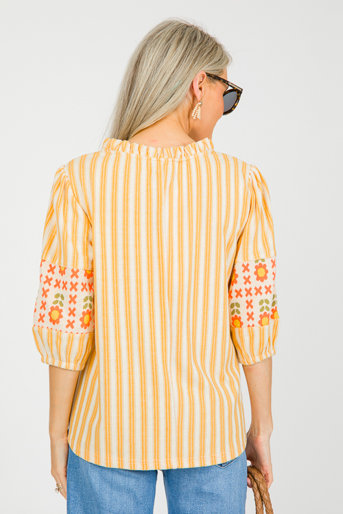 Stripe Floral Mix Knit Top, Mustard