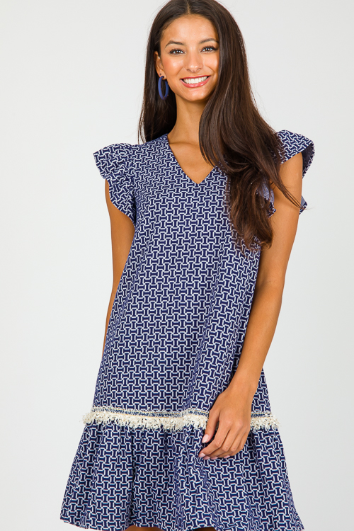 Fringe Trim Printed Dress, Navy