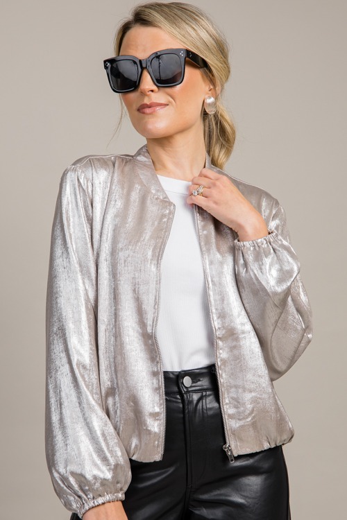 Metallic Bomber Jacket Silver New Arrivals The Blue Door Boutique