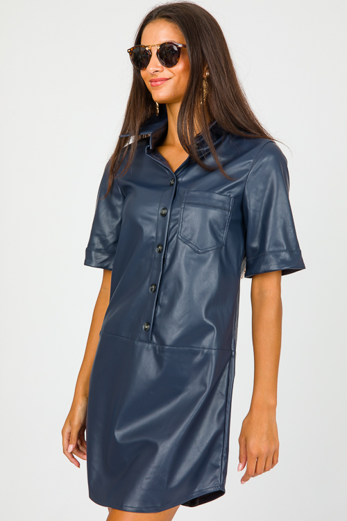 Button Leather Shirt Dress, Navy