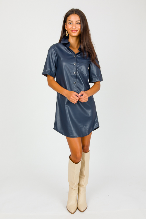 Button Leather Shirt Dress, Navy