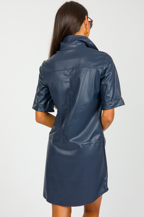 Button Leather Shirt Dress, Navy