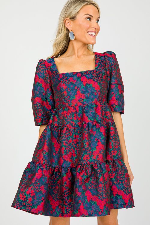 Jacquard Floral Dress, Navy