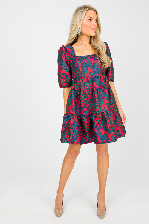 Jacquard Floral Dress, Navy