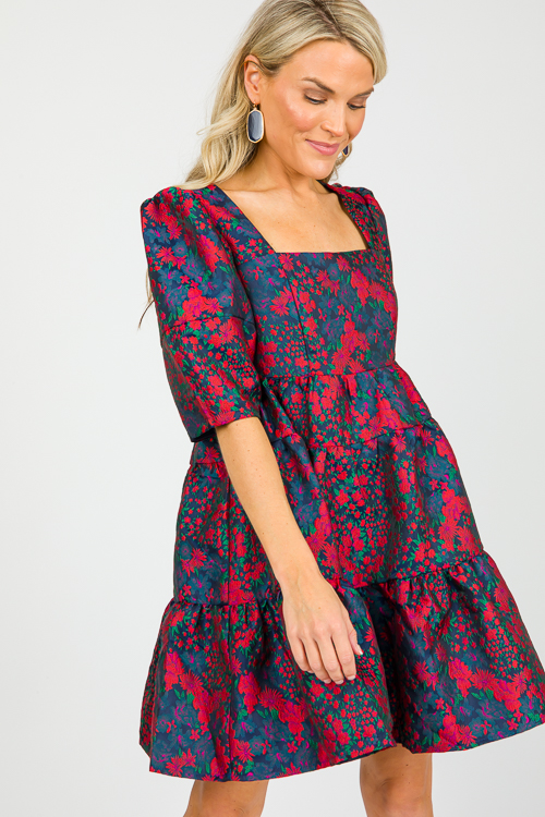 Jacquard Floral Dress, Navy