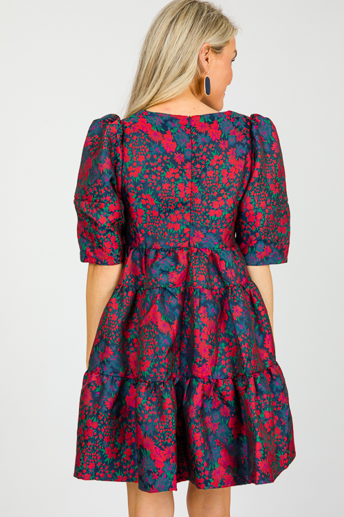 Jacquard Floral Dress, Navy