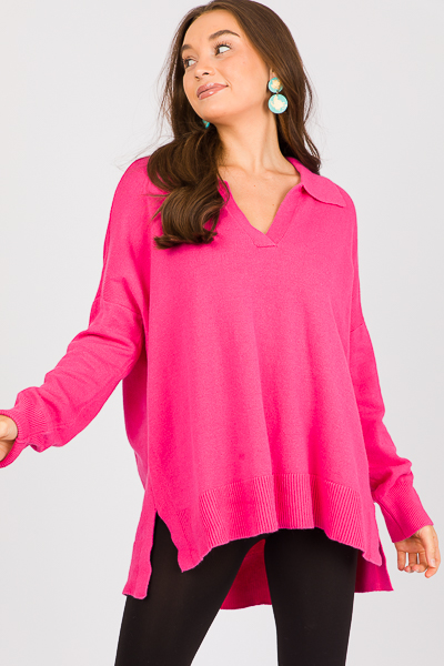 Brodie Collared Sweater, Hot Pink