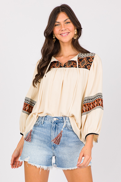 Tassel Tie Embroidery Top, Crea