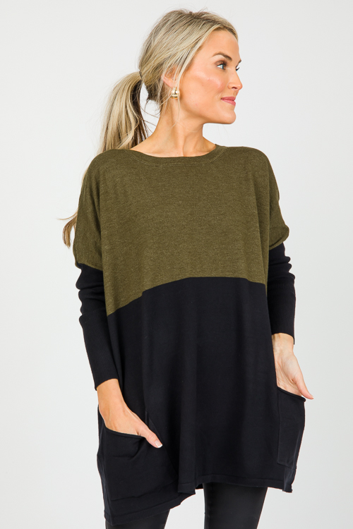 Split Pocket Sweater, Olive/Black