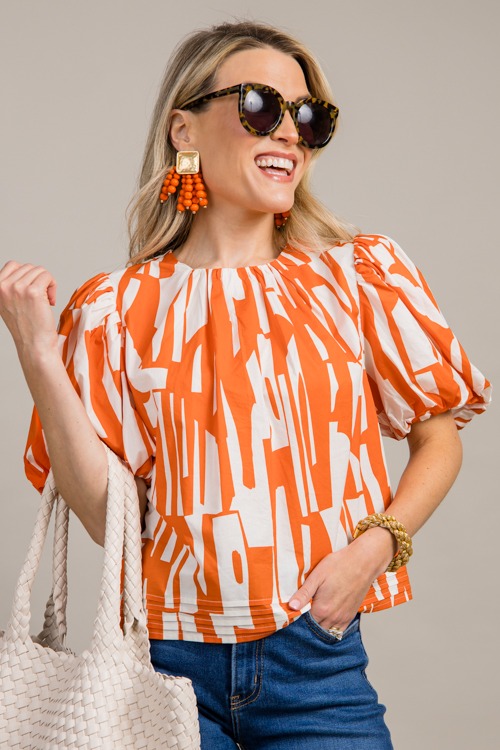 Button Back Printed Top, Orange