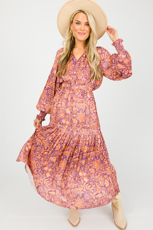 Button Neck Floral Midi, Orange Purple