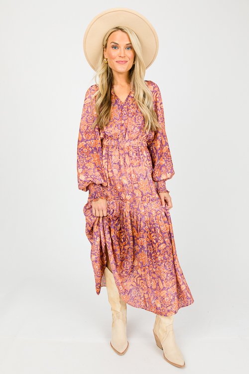 Button Neck Floral Midi, Orange Purple