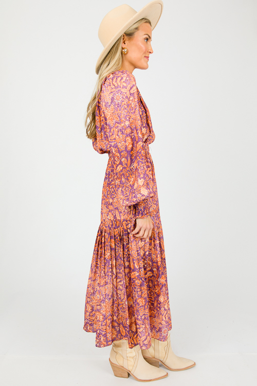 Button Neck Floral Midi, Orange Purple