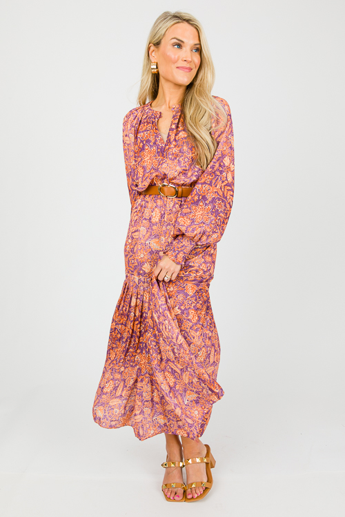 Button Neck Floral Midi, Orange Purple