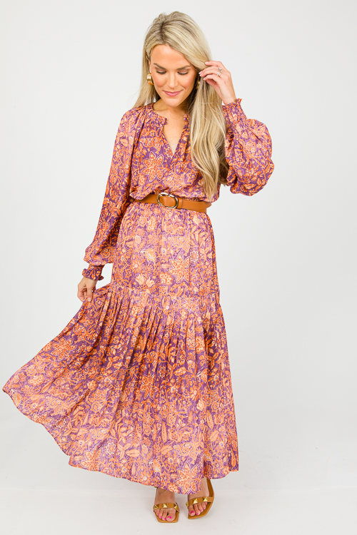 Button Neck Floral Midi, Orange Purple