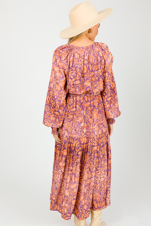 Button Neck Floral Midi, Orange Purple