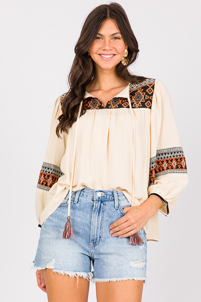 Tassel Tie Embroidery Top, Crea