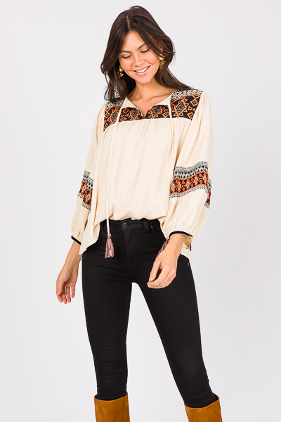 Tassel Tie Embroidery Top, Crea