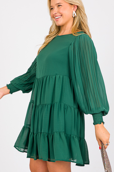 Pleat Sleeve Tier Dress, Green