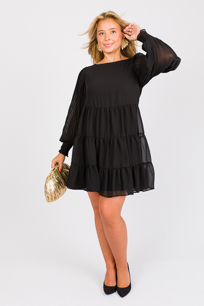 Pleat Sleeve Tier Dress, Black